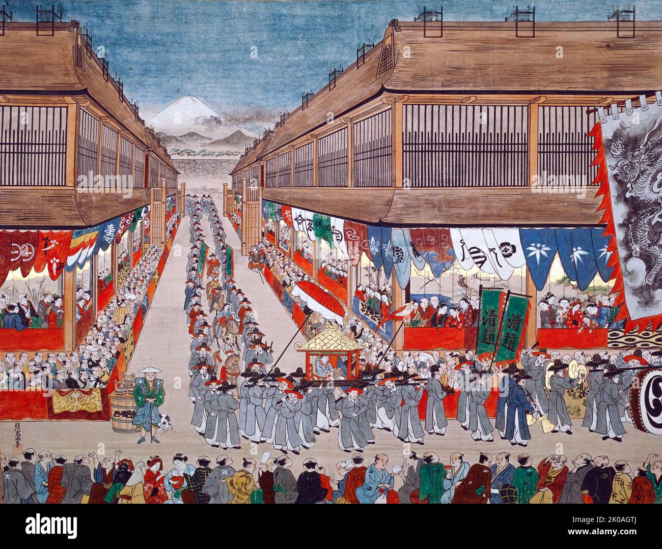 Scelto Tsushin-shi Raicho-zu, dipinto giapponese di Toei Hangawa, raffigurante la processione delle 1748 missioni Joseon in Giappone a Edo. Collezione del Museo della Città di Kobe, la Galleria Hajime Ikenaga. Si tratta di un dipinto paesaggistico dell'ambasciatore coreano della comunicazione, compresa la figura equestre, che marciando in modo ordinato. Questo stile è nato a Edo negli anni '1740s ed è stato chiamato Uki-e perché le cose nel dipinto sembravano tridimensionali. Foto Stock