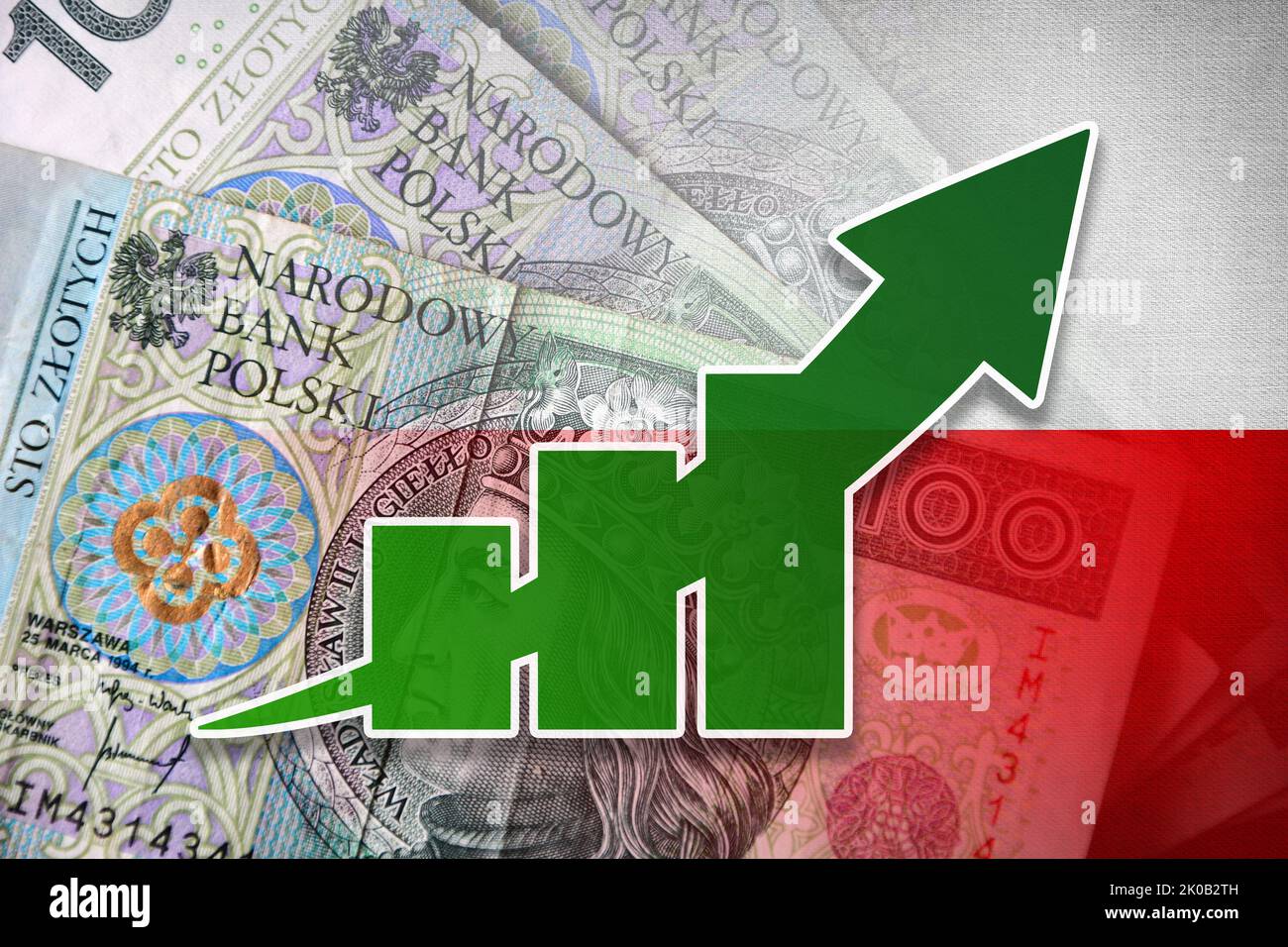 Grafico dell'economia: Freccia in aumento, Złoty banconote in contanti polacche e bandiera polacca (moneta, economia, affari, finanza, inflazione, crisi) Foto Stock