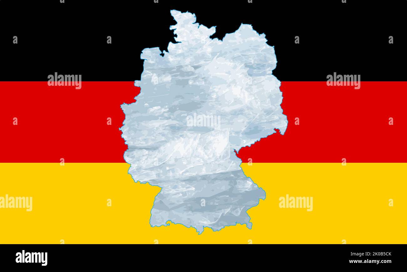 Mappa generale della Germania iscritta nella bandiera nazionale. Ghiaccio all'interno della mappa. Illustrazione vettoriale. Crisi energetica. Foto Stock