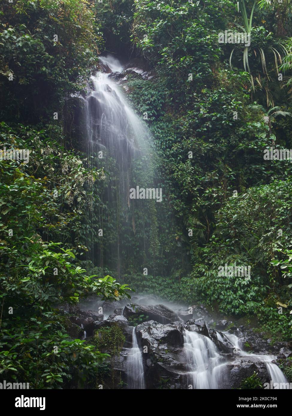 Una piccola cascata che scorre in un fiume roccioso nella foresta tropicale di Giava Occidentale, Indonesia Foto Stock