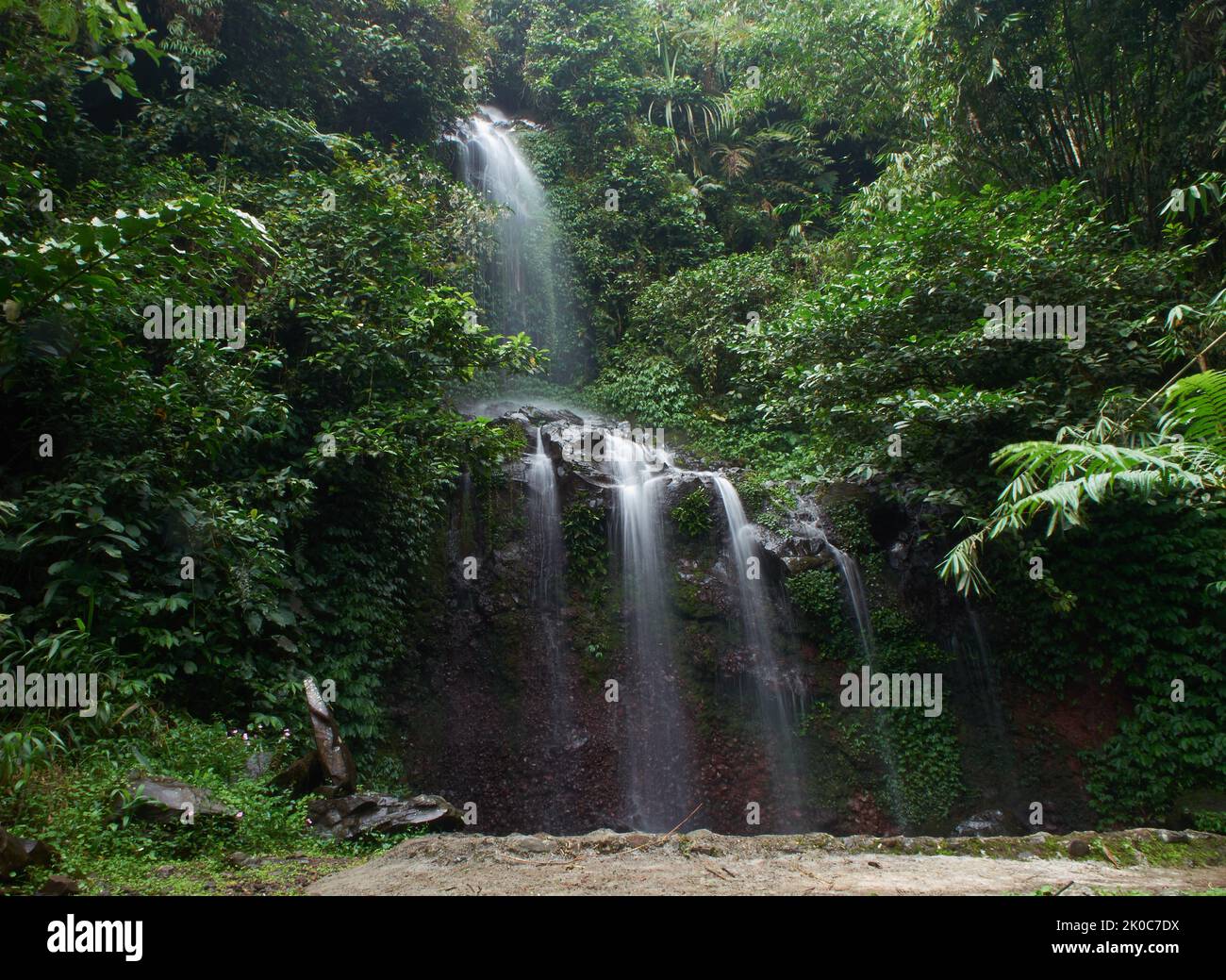 Una piccola cascata che scorre tra le rocce in una foresta tropicale Giava Occidentale, Indonesia Foto Stock