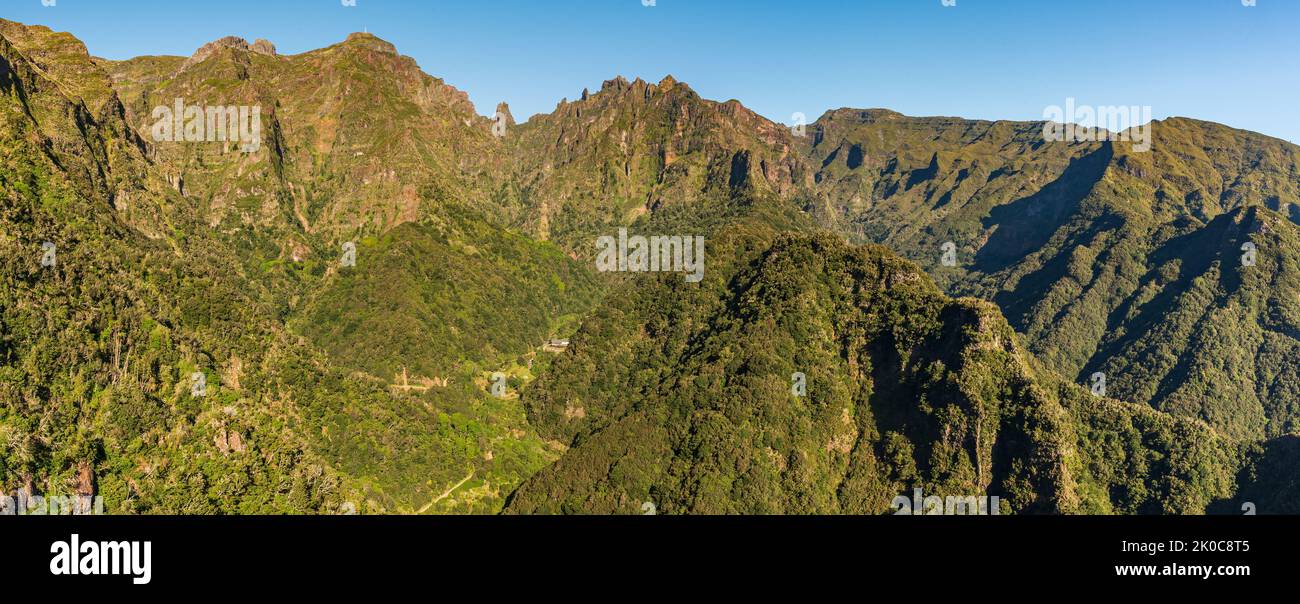 Montagne selvagge coperte da una foresta profonda da Balcoes punto di vista vicino Ribeiro Frio a Madeira Foto Stock