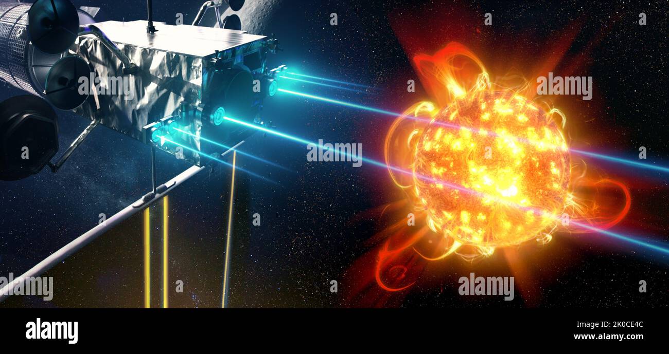L'astronave del futuro sta volando verso il sole. Illustrazione 3D. Elementi di questa immagine forniti dalla NASA. Foto Stock