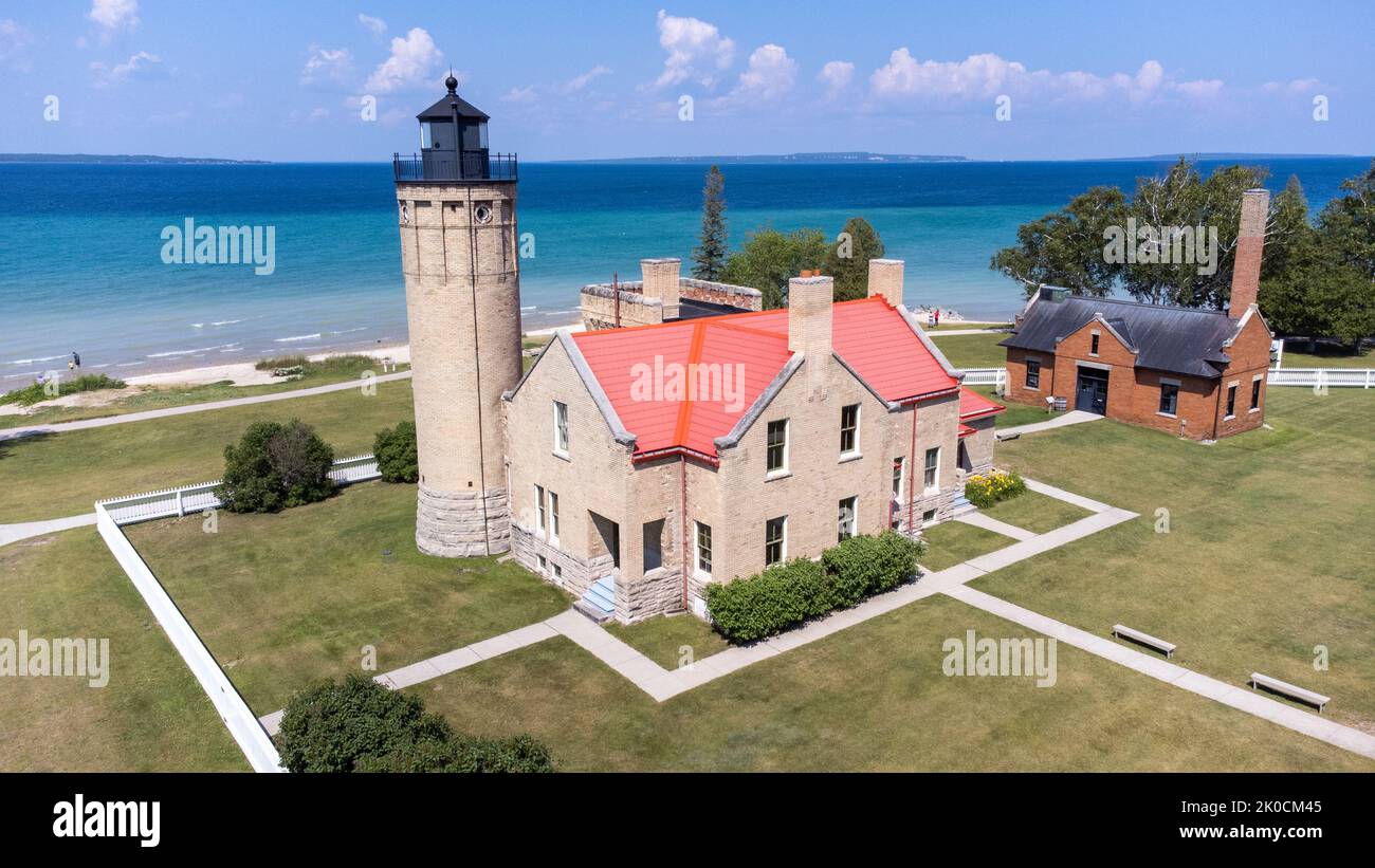 Faro di Old Mackinac Point, Mackinaw City, Michigan, Stati Uniti Foto Stock