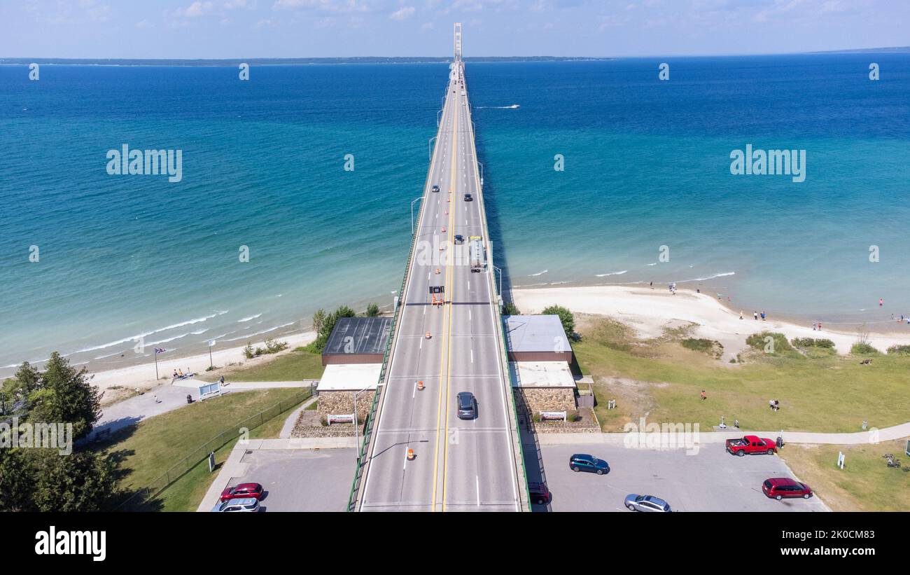 Mackinac Bridge, Mackinaw City fino a St Ignace, Michigan, Stati Uniti Foto Stock