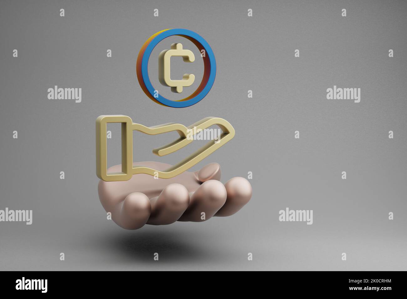 Belle illustrazioni astratte Golden Hand Holding Coin Hand Token icona simbolo su uno sfondo grigio. illustrazione del rendering 3d. Modello di sfondo f Foto Stock