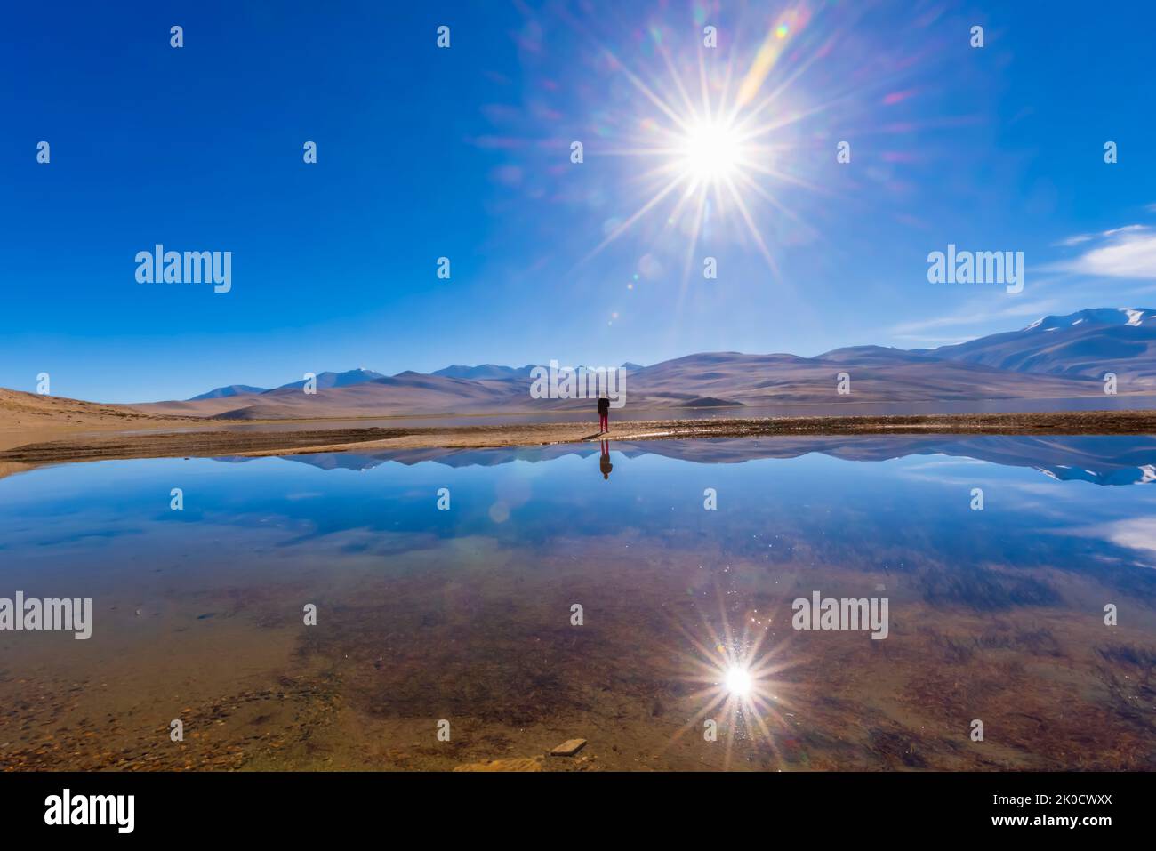 Riflessione di una persona che cammina sulle rive di uno dei laghi nella riserva paludosa di Tso Moriri nella zona di Changthang di Ladakh, India. Foto Stock