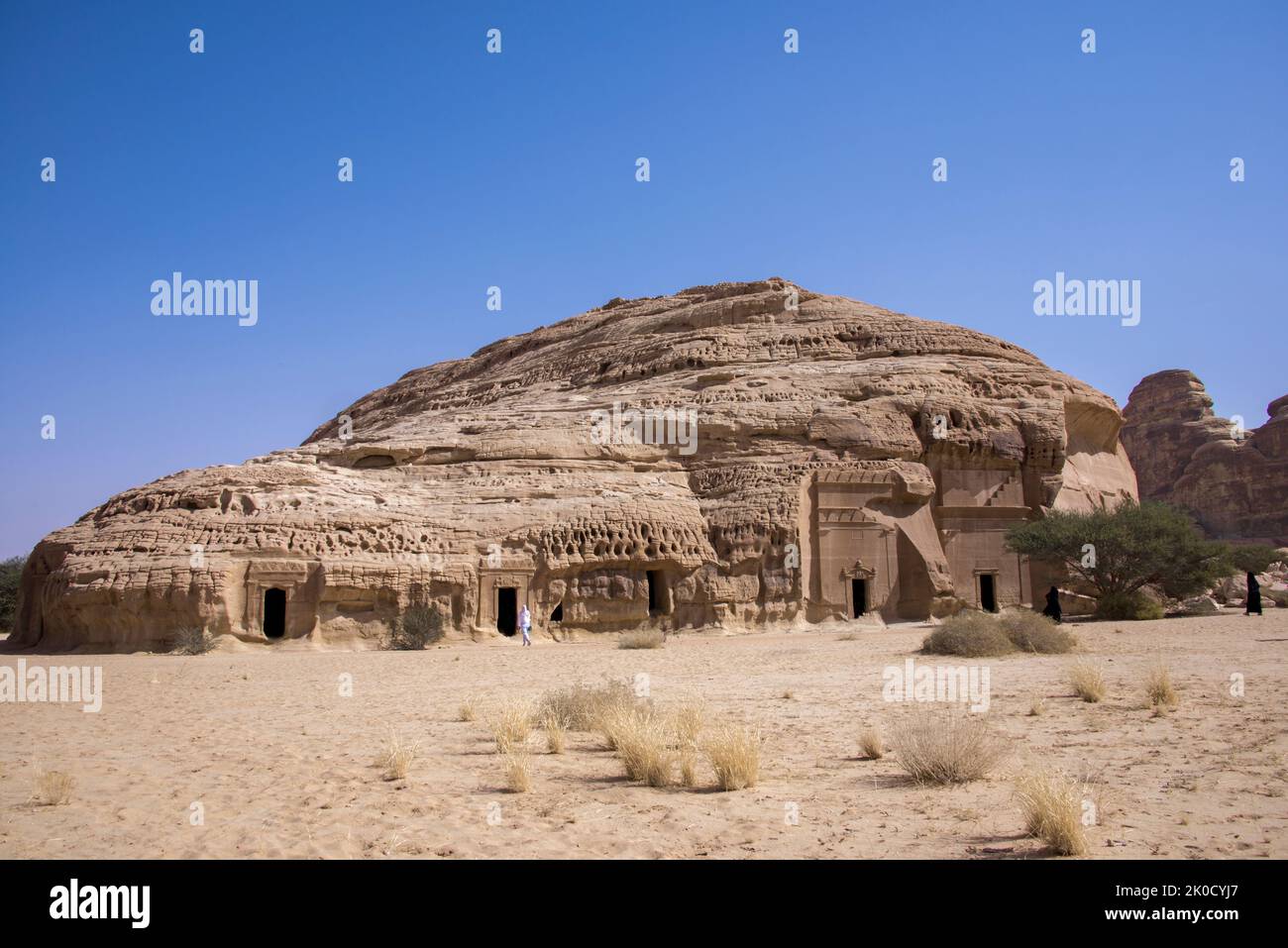 Vista panoramica Jabal al Banat con tombe Hegra Arabia Saudita Foto Stock