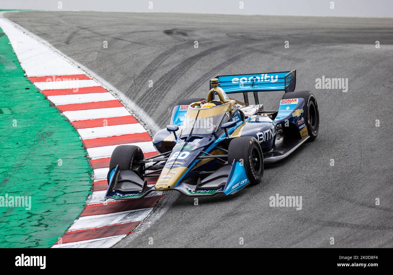 Monterey, California, Stati Uniti. 10th Set, 2022. A. CORREZIONE DIDASCALIA: Il pilota della ed Carpenter Racing Conor Daly al vertice del cavatappi durante il Firestone Grand Prix di Monterey pratica #2 all'autodromo Weathertech Laguna Seca Monterey, CA Thurman James/CSM/Alamy Live News Foto Stock