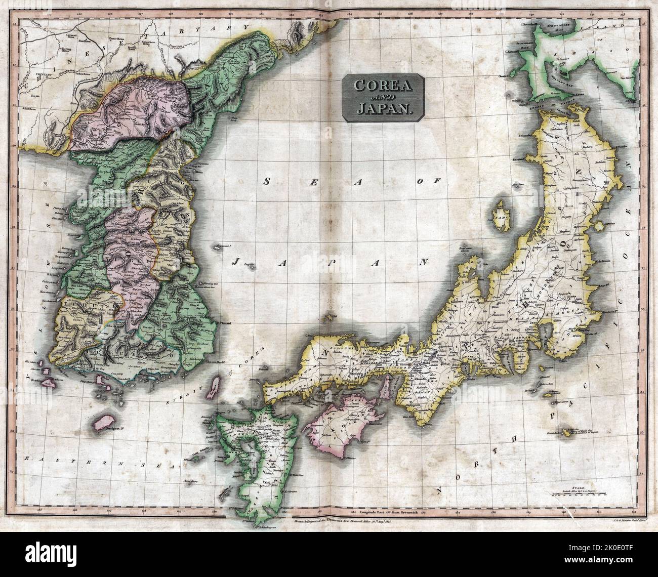 Mappa europea raffigurante la Corea e il Giappone con il Mare del Giappone, c1875. Foto Stock