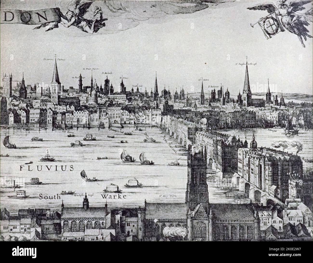 Incisione dello skyline di Londra prima del Grande incendio di Londra, 1665. Foto Stock