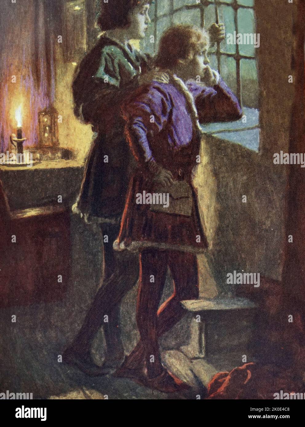 Illustrazione che mostra i principi nella Torre, Edoardo V, Re d'Inghilterra e Riccardo di Shrewsbury, Duca di York. I due fratelli furono gli unici figli di Edoardo IV, re d'Inghilterra ed Elizabeth Woodville che sopravvisse alla morte del padre nel 1483. Quando avevano rispettivamente 12 e 9 anni, furono alloggiati nella Torre di Londra dall'uomo incaricato di guarirli, loro zio, il Signore protettore: Richard, Duca di Gloucester. Foto Stock