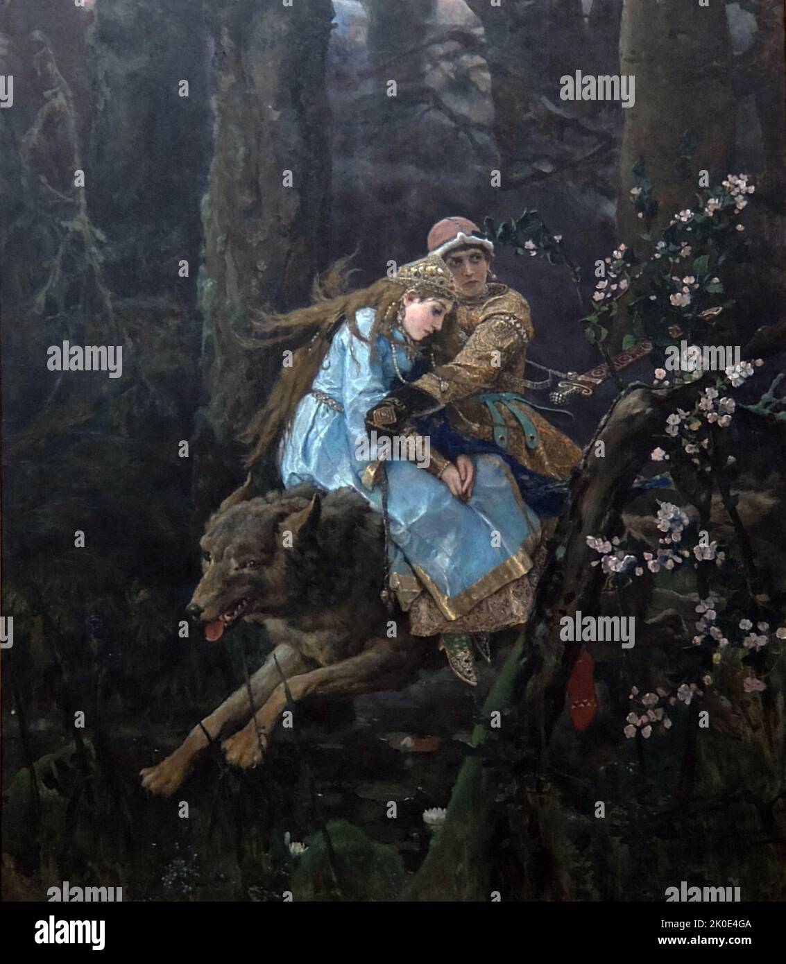 Tsarevich on a Grey Wolf', 1889 di Viktor Mikhayovich Vasnetsov (1848 - 1926). Artista russo specializzato in materie mitologiche e storiche. È considerato il co-fondatore della pittura nazionalistica e folcloristica russa, e una figura chiave nel movimento revivalista russo. Foto Stock