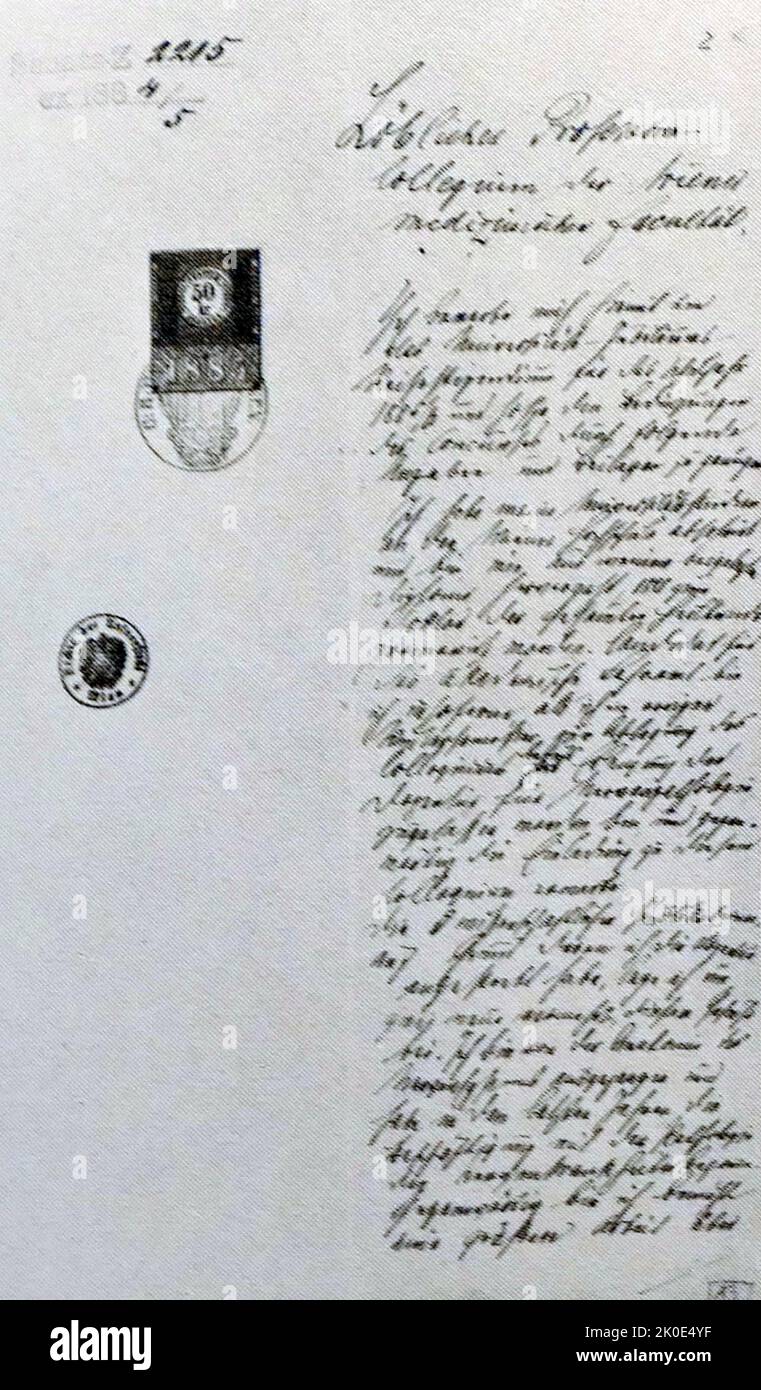 Lettera nella scrittura a mano di Sigmund Freud, che si applica al consiglio di amministrazione della Facoltà di Medicina per una borsa di studio itinerante per vedere Charcot a Parigi. Sigmund Freud (1856 - 23 settembre 1939) neurologo austriaco e fondatore della psicoanalisi, un metodo clinico per il trattamento della psicopatologia attraverso il dialogo tra un paziente e uno psicoanalista. Foto Stock
