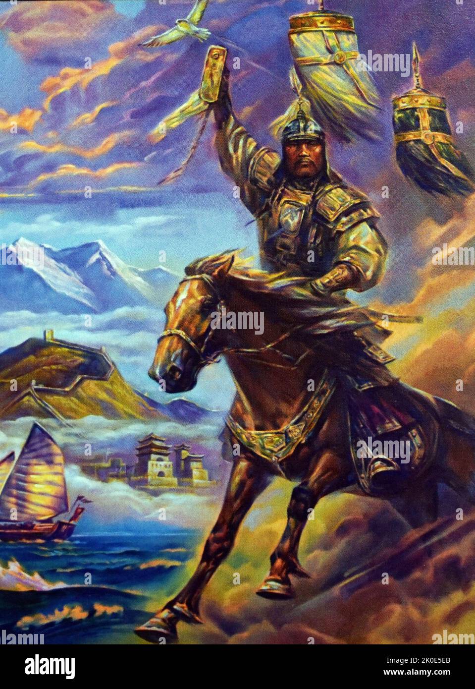 Genghis Khan (ca.1158 - 1227), nato Temujin, il fondatore e primo grande Khan (imperatore) dell'Impero Mongolo, che divenne il più grande impero contiguo della storia dopo la sua morte. Venne al potere unendo molte delle tribù nomadi del nord-est asiatico. Foto Stock