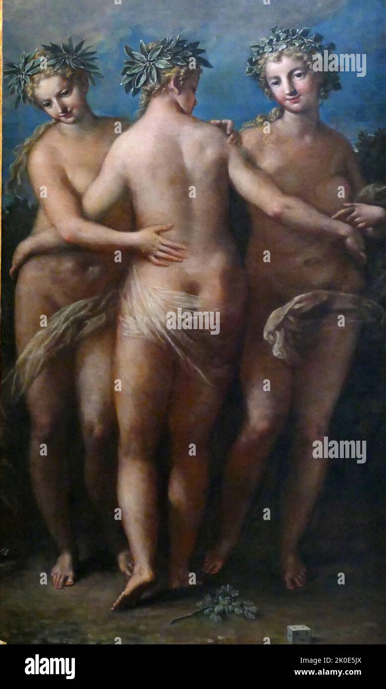 Le tre grazie di Niccolo Bambini (1651-1736) sono state un pittore italiano di epoca tardo-rinascimentale e primo-barocca. I Chariti, noti nella mitologia greca come le tre grazie, erano divinità di fascino, bellezza e creatività. Foto Stock