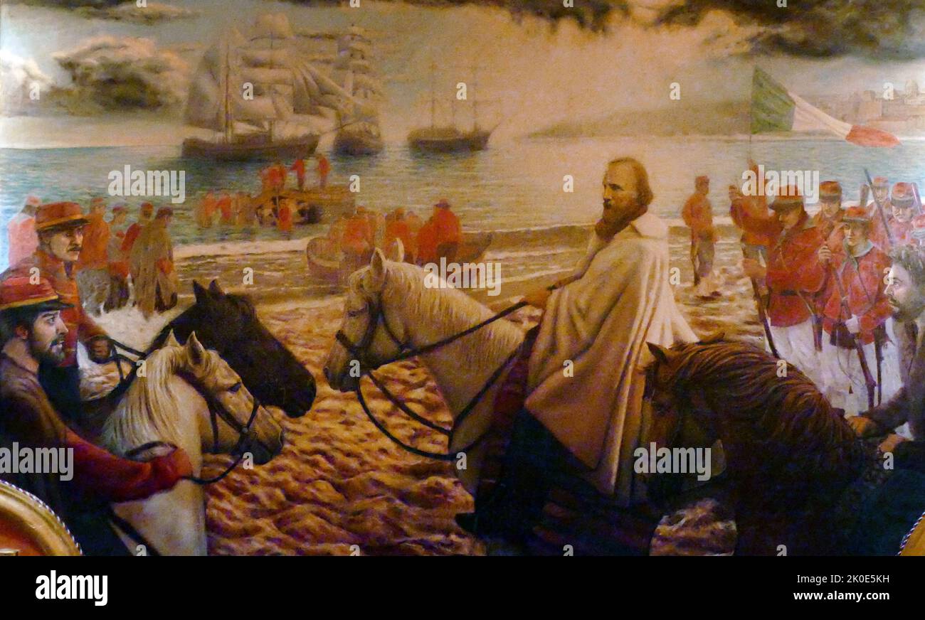 Dipinto raffigurante Giuseppe Garibaldi (1807 - 1882), generale italiano, patriota e repubblicana. Contribuì all'unificazione italiana e alla creazione del Regno d'Italia. Foto Stock