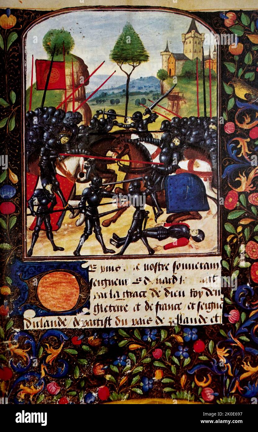 La battaglia di Barnet, combattuta il 14 aprile, Domenica di Pasqua, 1471 tra le forze di Edoardo IV e quelle di suo cugino, Warwick il Kingmaker. Richard, Duca di Gloucester, comandò il furgone del re nella sua prima grande battaglia. L'illustrazione è tratta da un manoscritto francese, conosciuto come la storica dell'arrivo di Edoardo IV Foto Stock