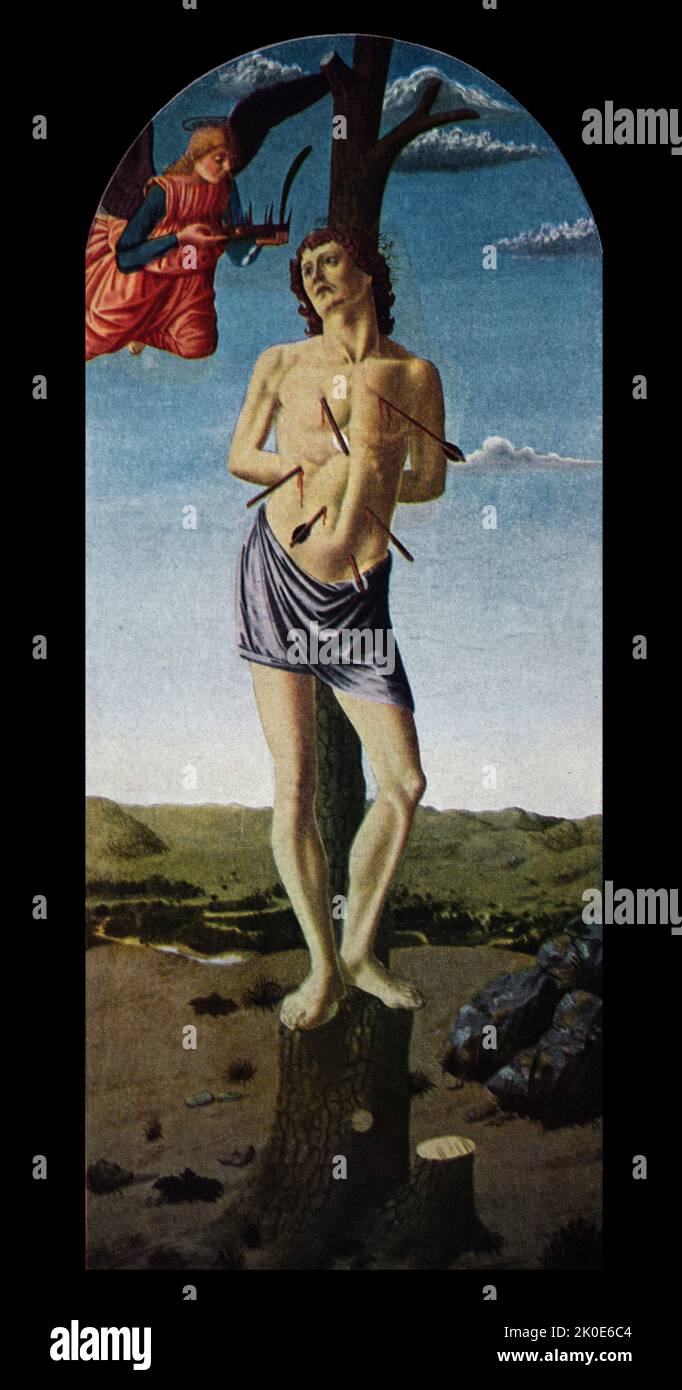 Andrea del Castagno (1423-1457) San Sebastiano, dipinto fiorentino del Rinascimento. Tempera su legno. Foto Stock
