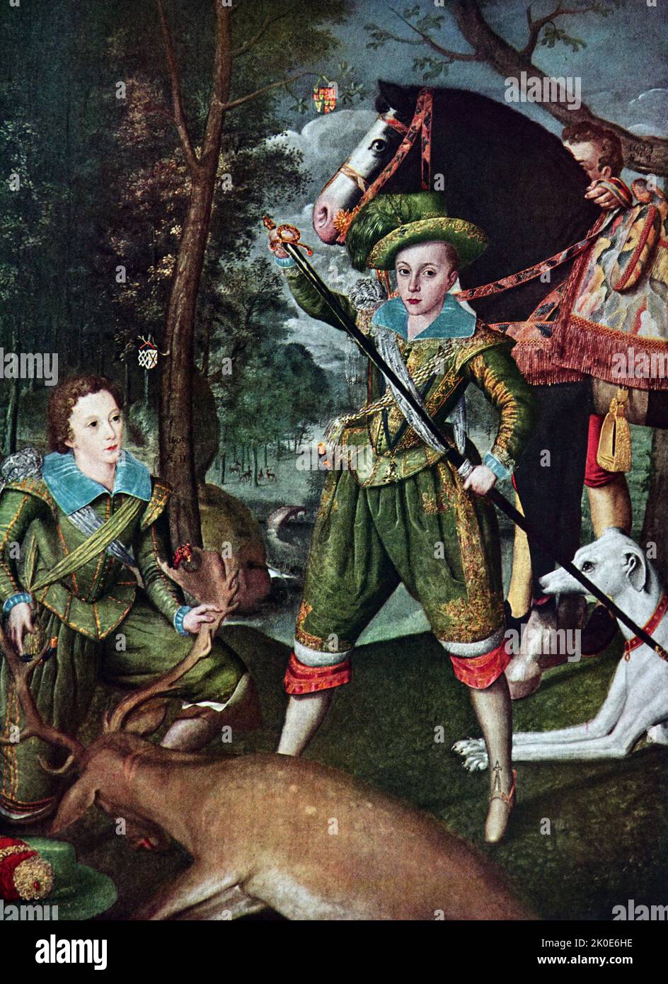 Henry Frederick (1594-1612), Principe di Galles, con Sir John Harington (1592-1614), nel campo di caccia di Robert Peake il Vecchio. Foto Stock
