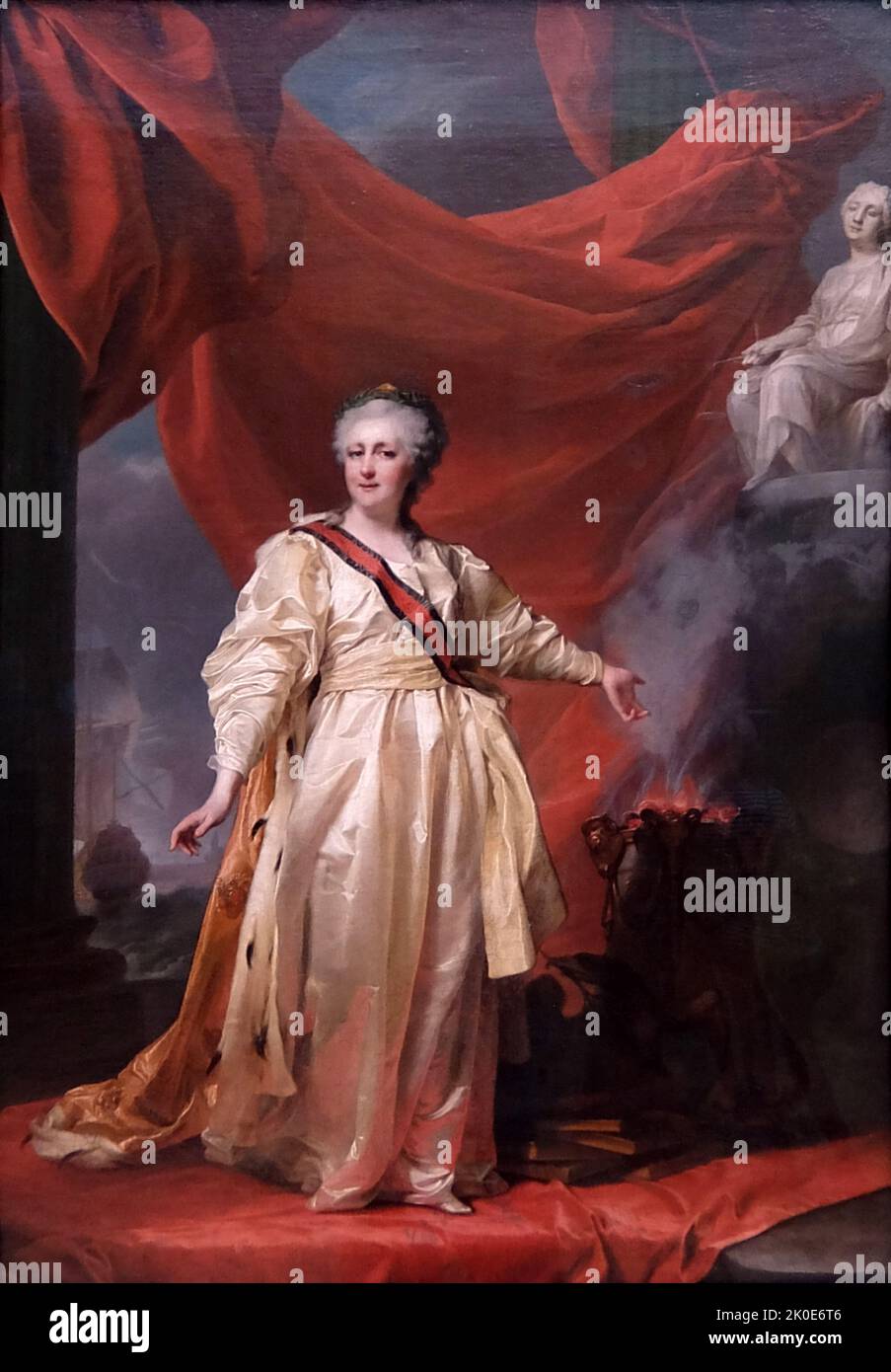 Ritratto di Caterina II la Legislatrice nel tempio dedicato alla Dea di Giustizia di D. G. Levitsky dell'imperatrice Caterina II di Russia/Caterina la Grande. 1770. Foto Stock