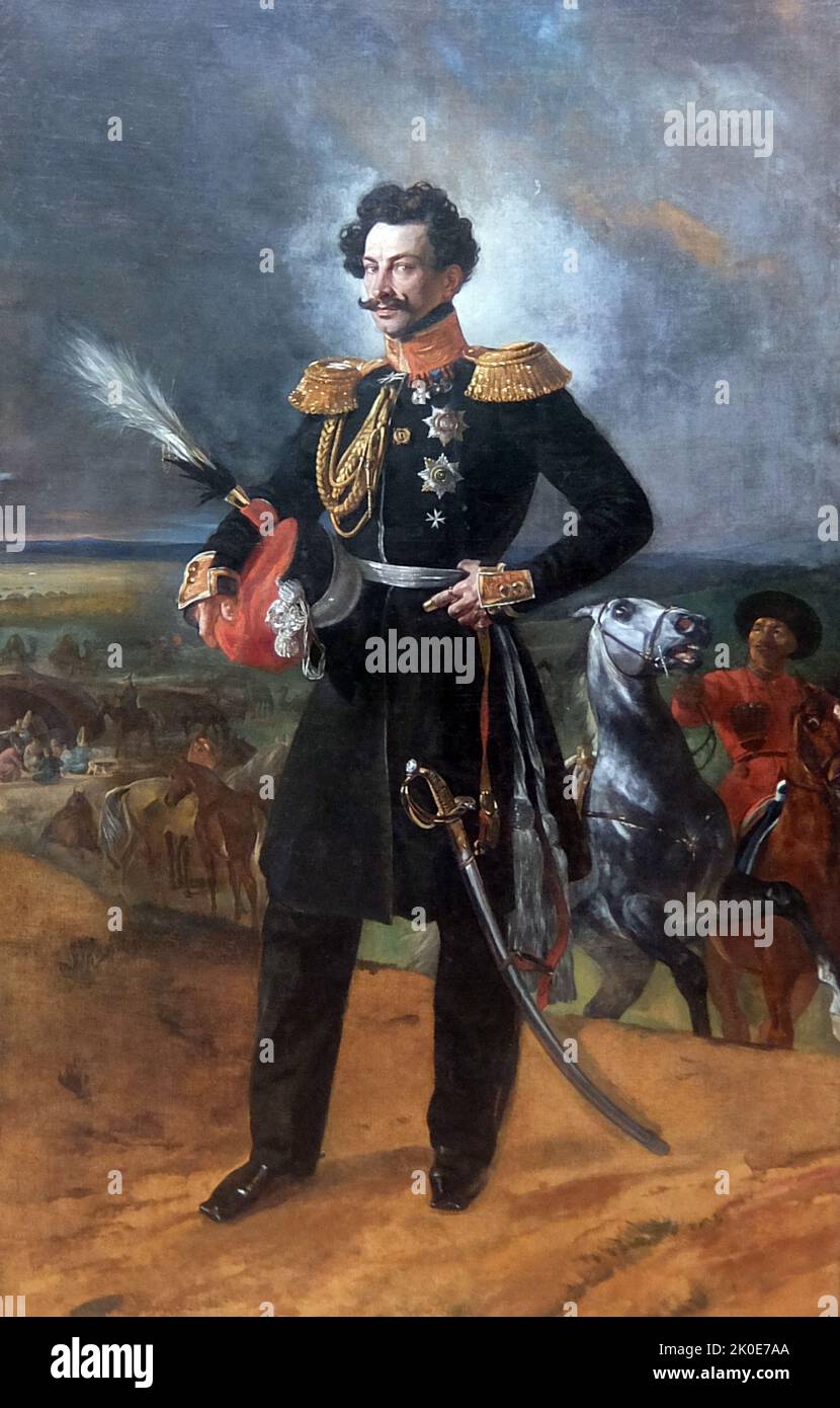 Ritratto del conte V. A. Perovsky di Karl Bryullov (1799-1852), artista dell'epoca zarista russa. Datato 1837. Stile romanticismo, olio su tela. Il conte Vasily Alekseevich Perovsky (1794-1857) è stato un generale e statista russo. Foto Stock