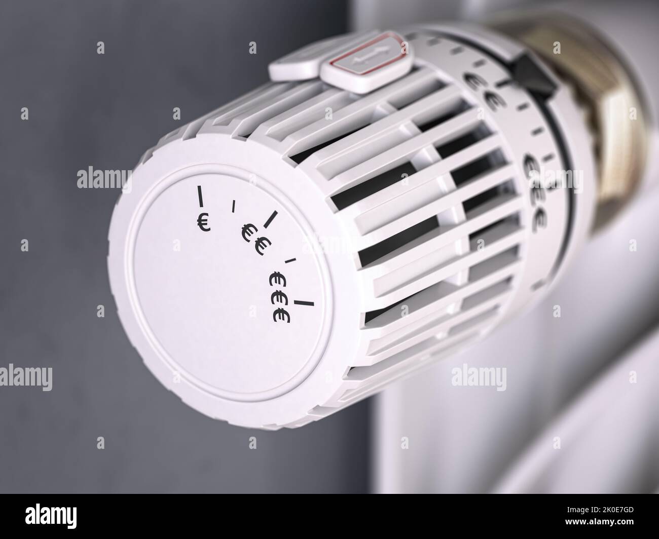 Termostato per radiatore di riscaldamento con simbolo euro. Crisi energetica, efficienza energetica e aumento dei costi di riscaldamento in Europa. illustrazione 3d Foto Stock