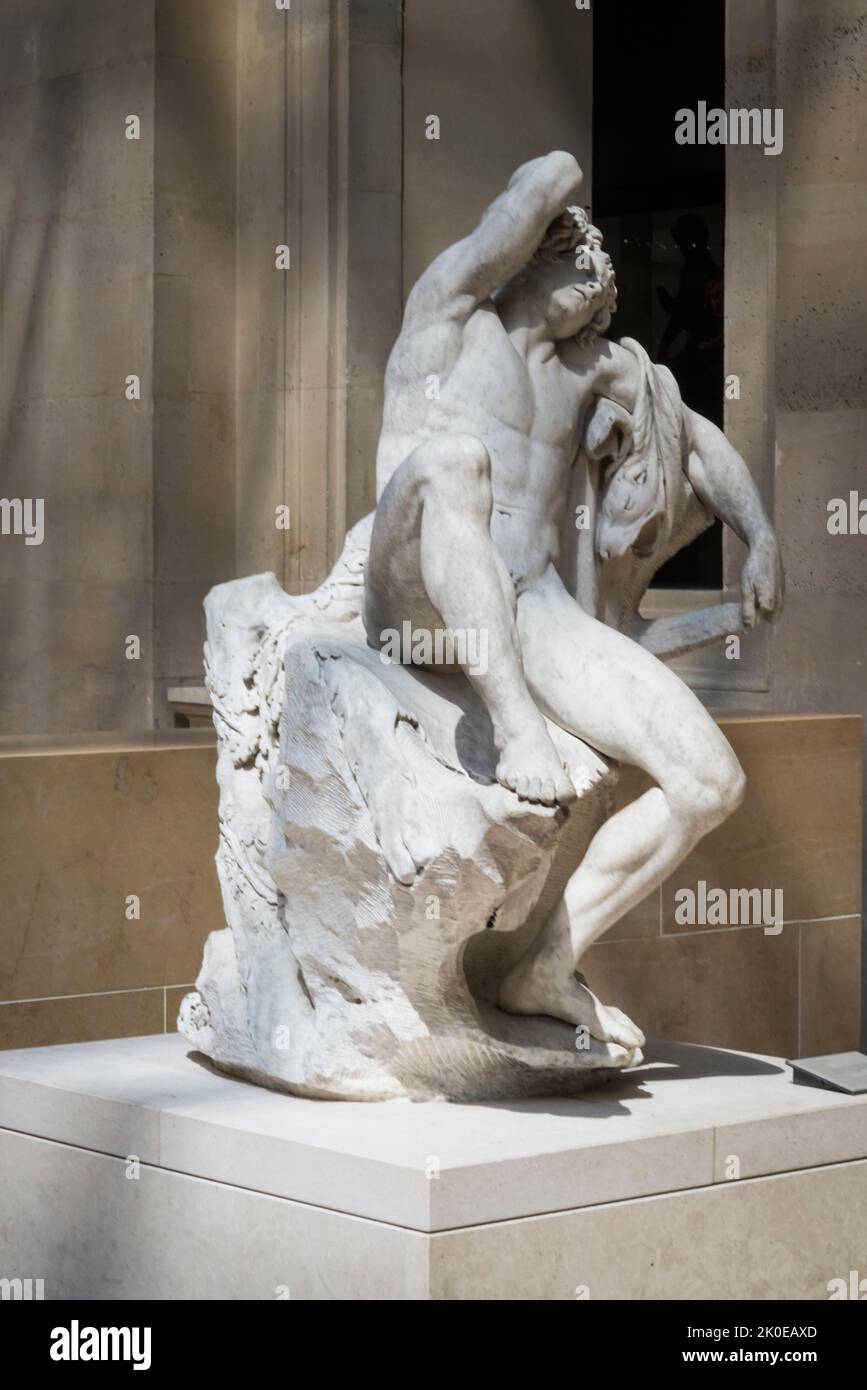 Scultura Fauna addormentata, marmo, 1730, il Cour Puget dove è esposta la scultura francese, il Museo del Louvre, il museo più visitato al mondo e un histo Foto Stock