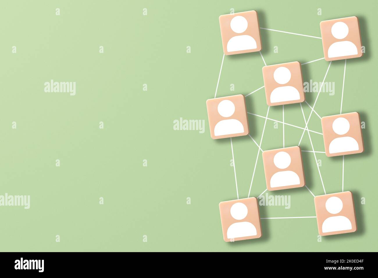 Vista dall'alto design su sfondo verde della rete con membri connessi tra loro e spazio di copia. Social media, marketing, comunicazione, lavoro di squadra. Foto Stock