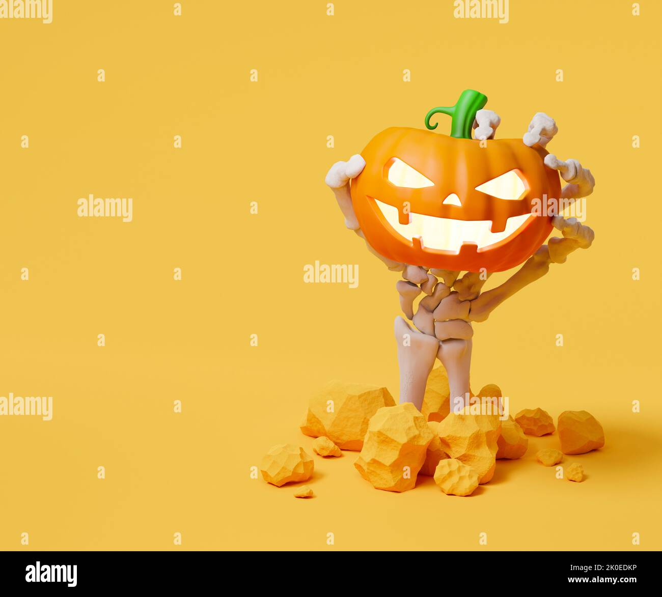 Mani ossee che tengono zucche di Halloween. illustrazione 3d Foto Stock