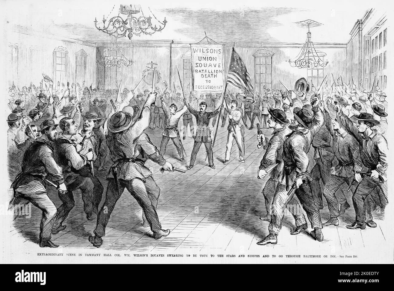 Scena straordinaria a Tammany Hall, New York, il colonnello William Wilson's Zouaves che giurava di essere fedele alle Stelle e alle strisce e di passare attraverso Baltimora o morire, 24th aprile 1861. Illustrazione della guerra civile americana del 19th° secolo dal quotidiano illustrato di Frank Leslie Foto Stock