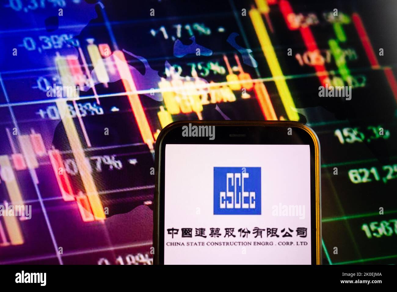 KONSKIE, POLONIA - 10 settembre 2022: Smartphone che mostra il logo della società China state Construction Engineering sullo sfondo del diagramma di borsa Foto Stock