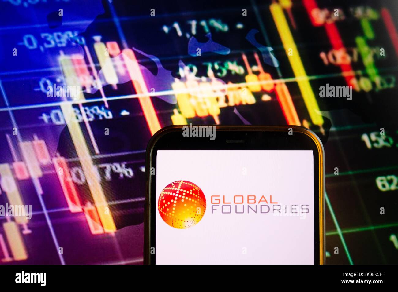 KONSKIE, POLONIA - 10 settembre 2022: Smartphone che mostra il logo della società GlobalFoundries sullo sfondo del diagramma di borsa Foto Stock