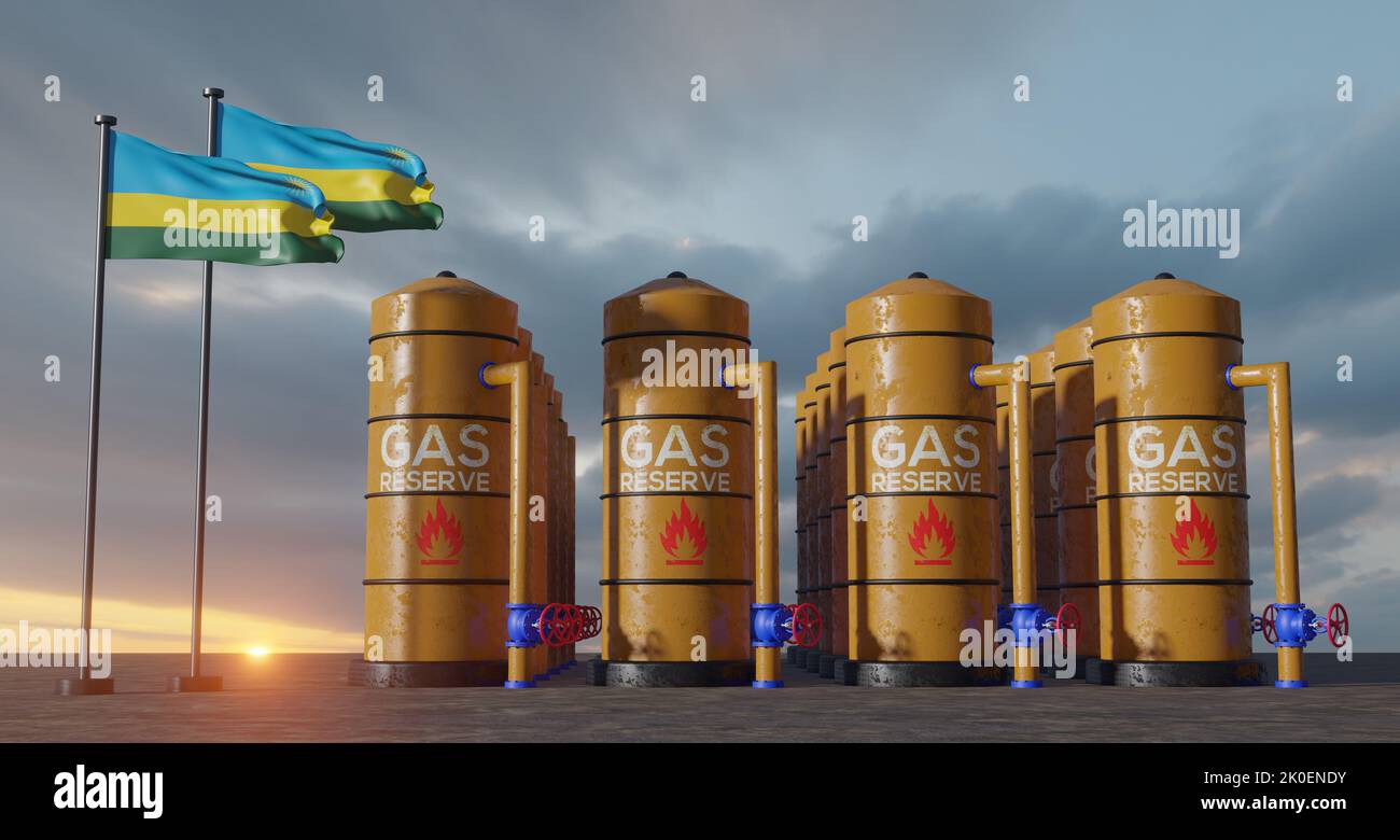 Riserva di gas Ruanda, serbatoio di stoccaggio di gas Ruanda, serbatoio di gas naturale Ruanda con bandiera Ruanda, sanzione sul gas, 3D lavoro e 3D immagine Foto Stock