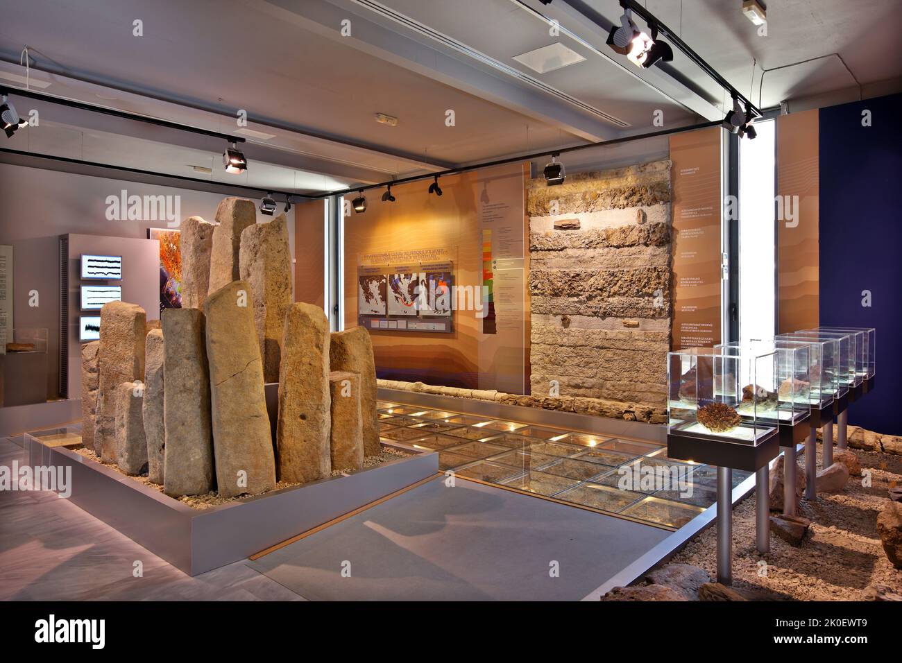 Il Museo di Storia Naturale della Foresta pietrificata di Sigri, nell'isola di Lesvos, Grecia, Europa, che presenta mostre di milioni di anni di età Foto Stock