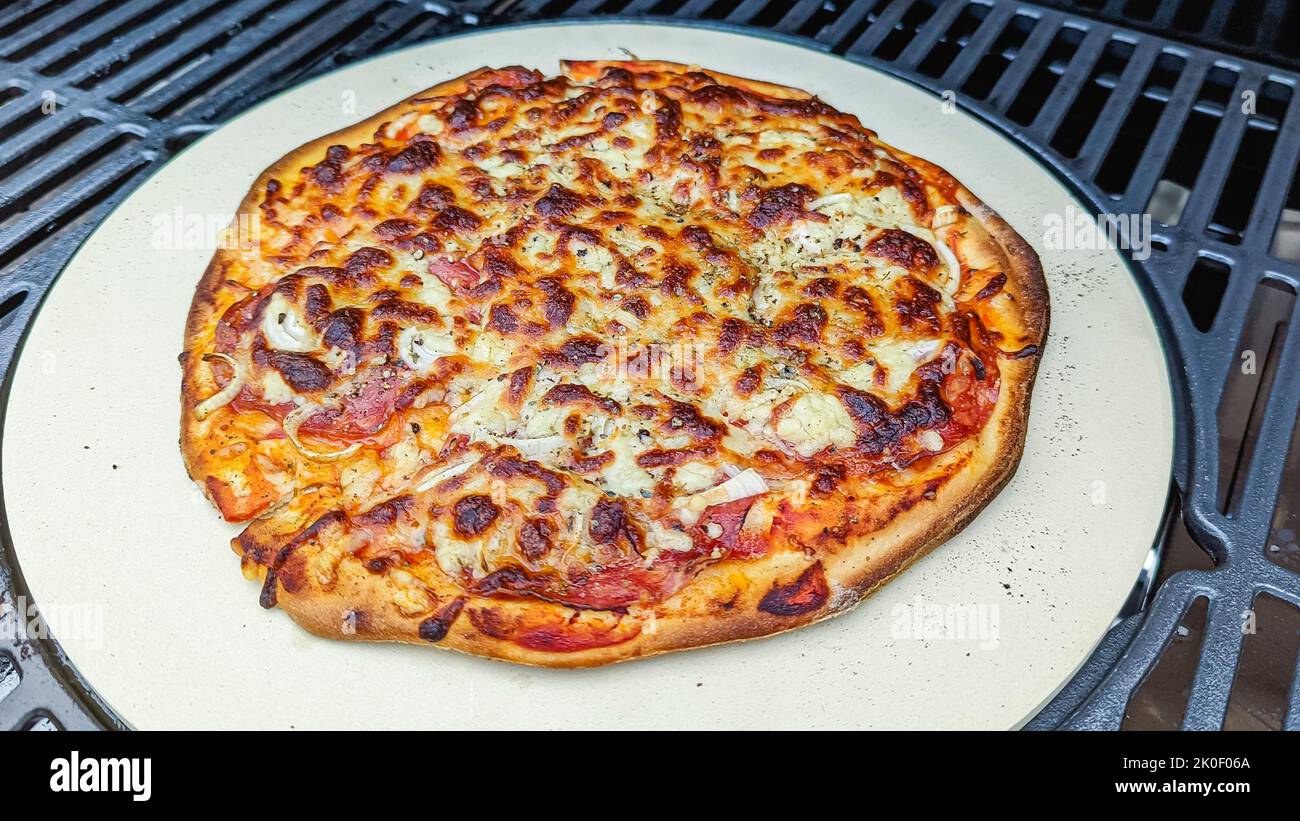 Pizza cotta su una pietra per pizza in un barbecue. Foto Stock