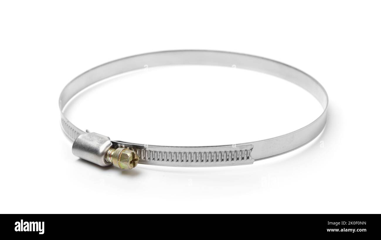 Fascette stringitubo in acciaio inox isolate su bianco. Foto Stock
