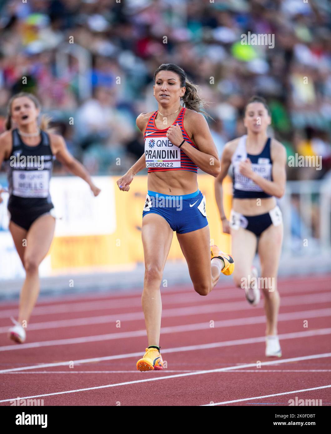 Jenna Prandini degli Stati Uniti che gareggia nelle 200m manche femminili ai Campionati mondiali di atletica, Hayward Field, Eugene, Oregon USA, il 18th luglio Foto Stock