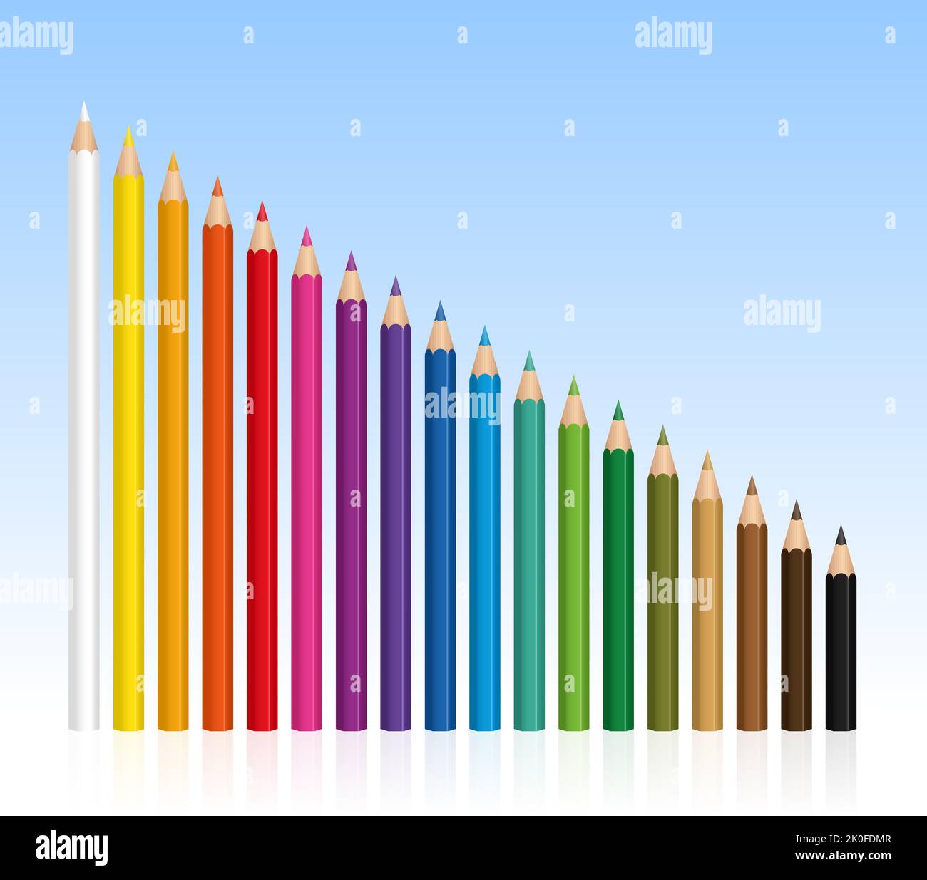 Matite colorate, set di matite con lunghezze diverse, sempre più brevi - illustrazione sfondo blu gradiente. Foto Stock