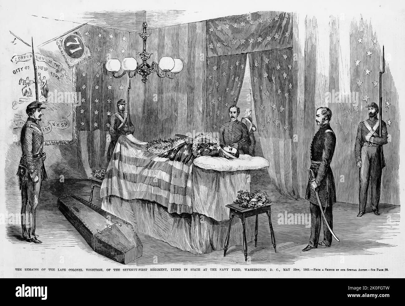 I resti del compianto colonnello Abraham Slingerland Vosburgh, del Settantunionento Reggimento, che giace in stato presso il Navy Yard, Washington, D. C., 20th maggio 1861. Illustrazione della guerra civile americana del 19th° secolo dal quotidiano illustrato di Frank Leslie Foto Stock