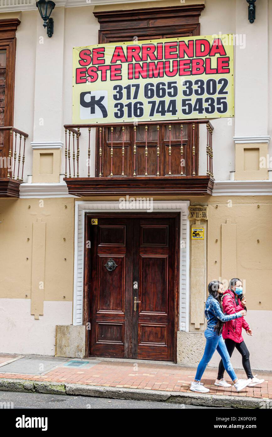 Bogota Colombia, la Candelaria Centro Historico centro storico centro storico centrale, segno edificio proprietà in affitto, colombiani HISP Foto Stock