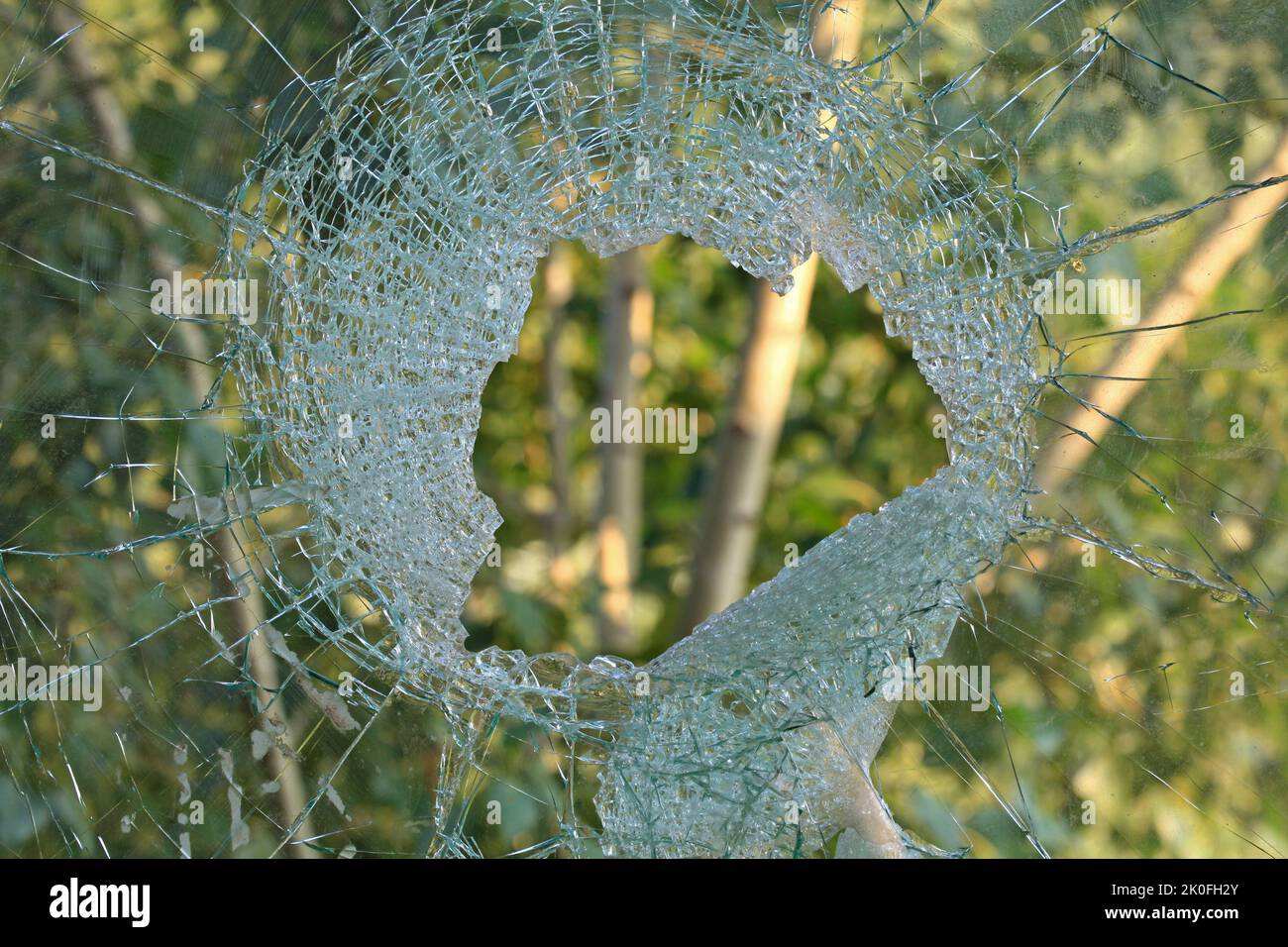 Un foro nel vetro o nella finestra. Finestra rotta e forata che si affaccia sullo sfondo verde. Un buco da un guscio o proiettile nel vetro di una casa Foto Stock