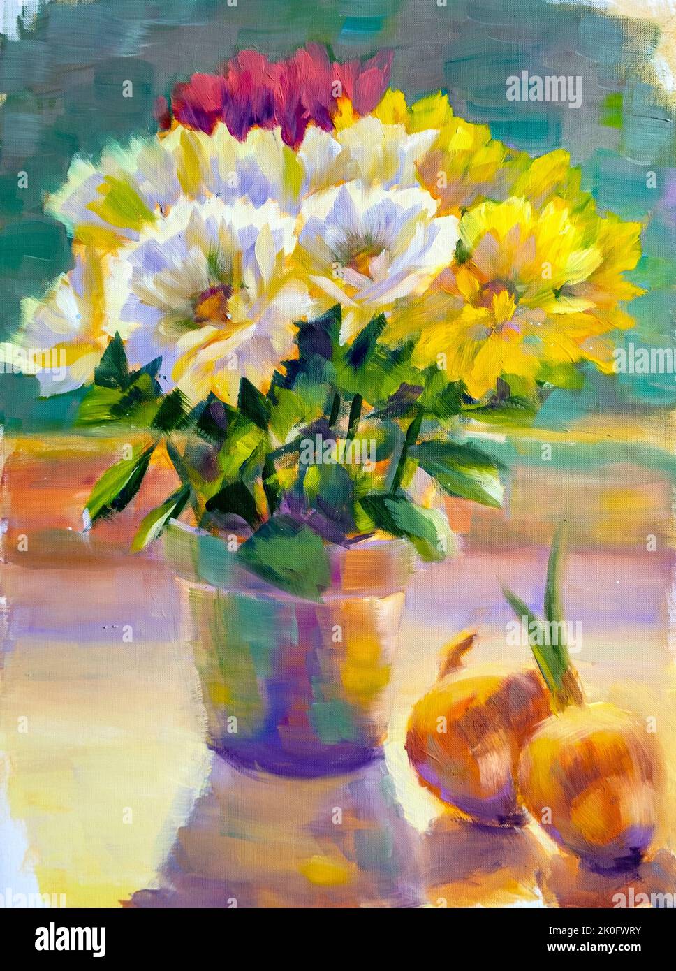 Fiori soleggiati in ceramica con cipolla. Pittura ad olio su tela STILL LIFE ART con bouquet. Foto Stock