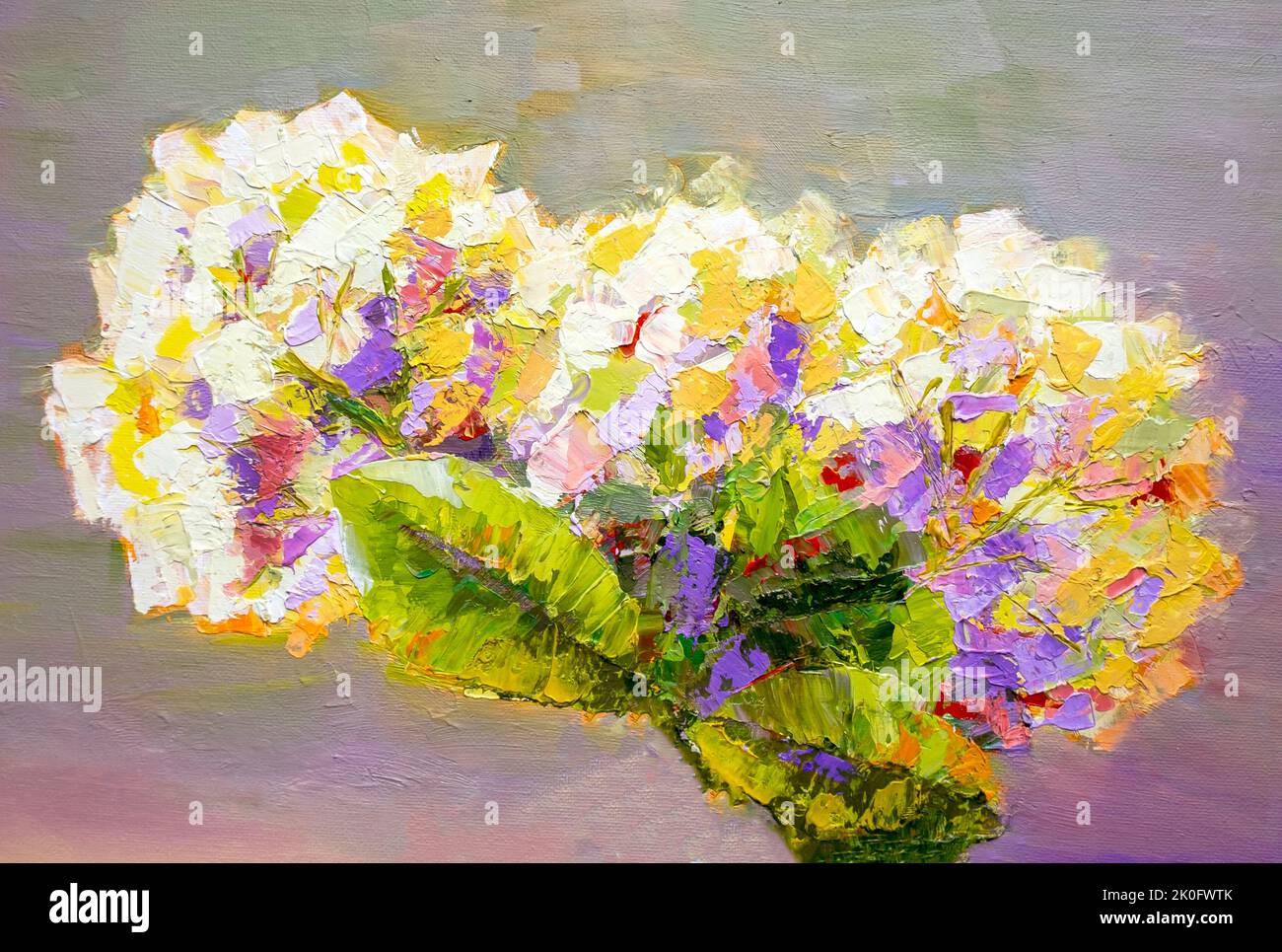 Bouquet di splendidi fiori al sole, pittura ad olio su tela. Pittura arte Foto Stock