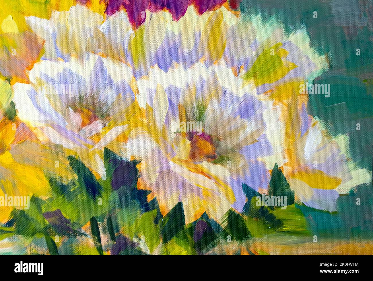 Bouquet di splendidi fiori al sole, pittura ad olio su tela. Pittura arte Foto Stock