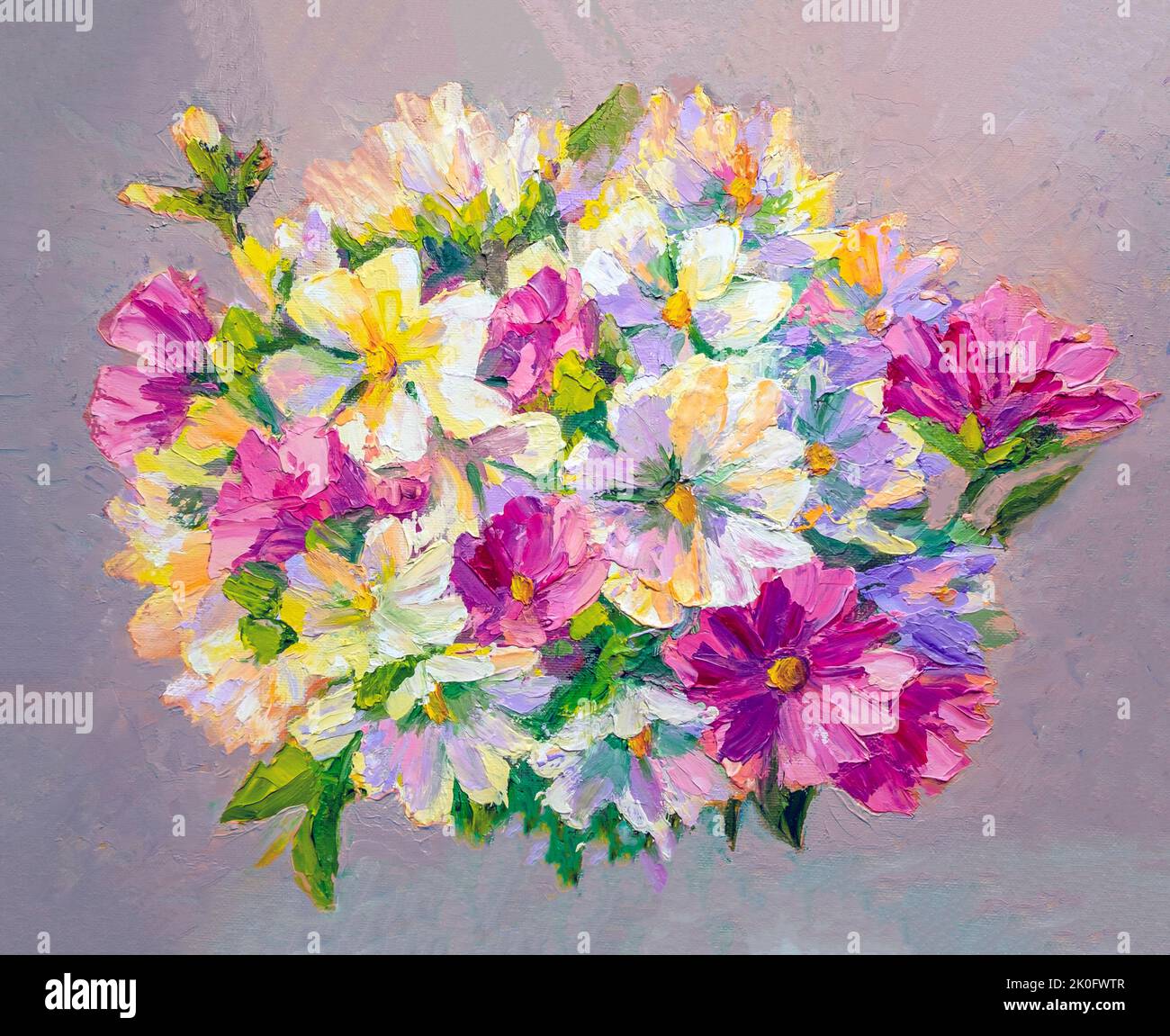 Bouquet di splendidi fiori al sole, pittura ad olio su tela. Pittura arte Foto Stock