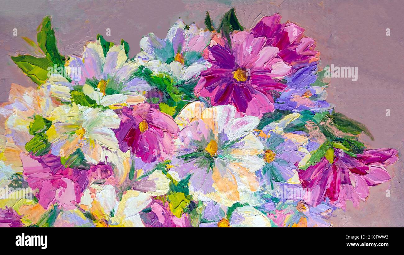 Bouquet di splendidi fiori al sole, pittura ad olio su tela. Pittura arte Foto Stock