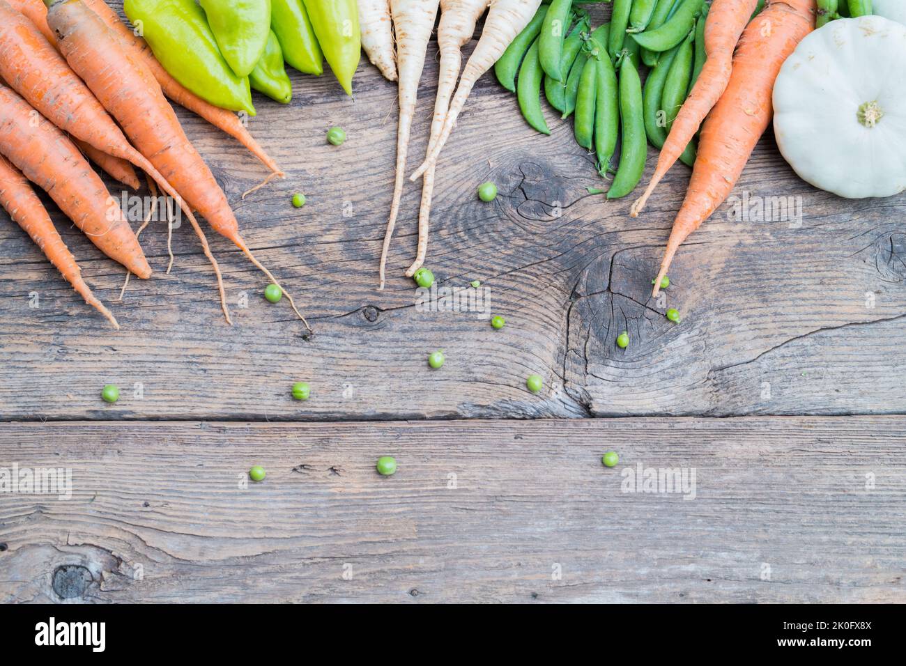 Diversi tipi di verdure fresche raccolte biologiche. Carota, peperoni, prezzemolo, piselli e pappettico. Messo su tavolo di legno con spazio di copia. Vista dall'alto. Foto Stock