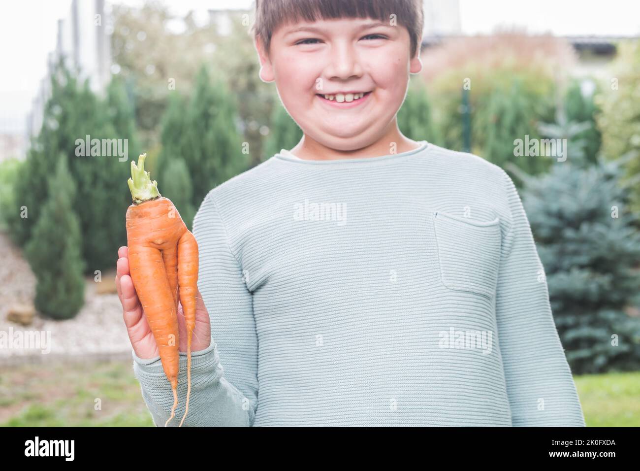 Sorridente ragazzo di sette anni che tiene in mano verdure imperfette - carota in mano. Il bambino nel giardino aiuta con il giardinaggio e la raccolta. Ragazzo faccia e sorriso. Foto Stock