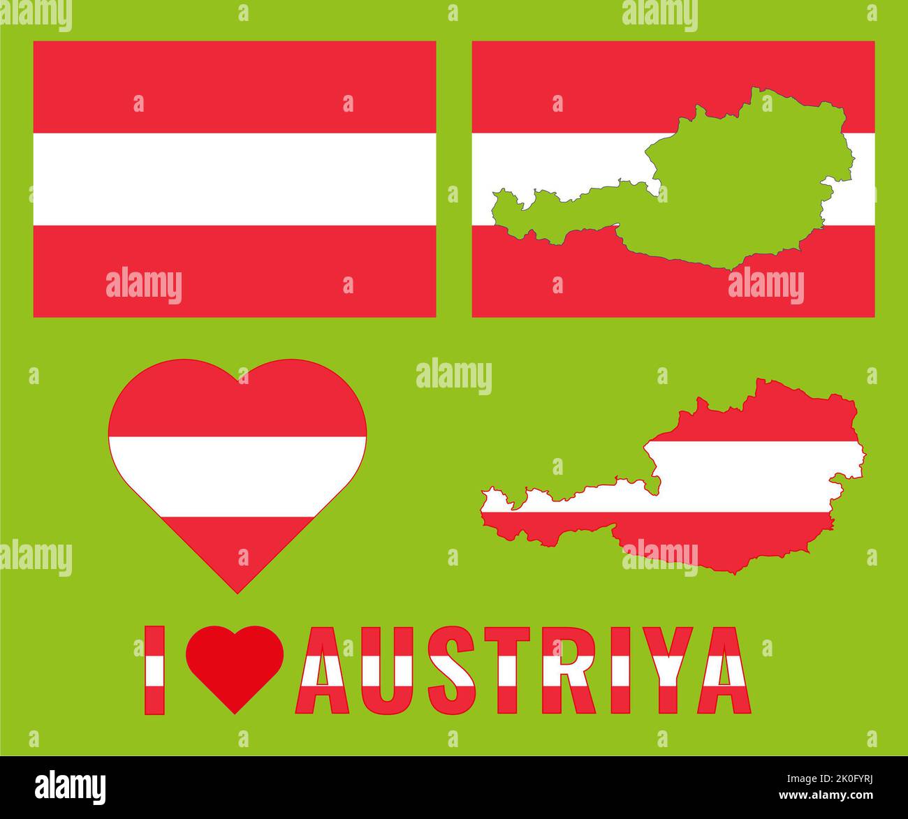 Set di illustrazioni vettoriali con bandiera austriaca, mappa del paese e cuore. Concetto di viaggio. Foto Stock